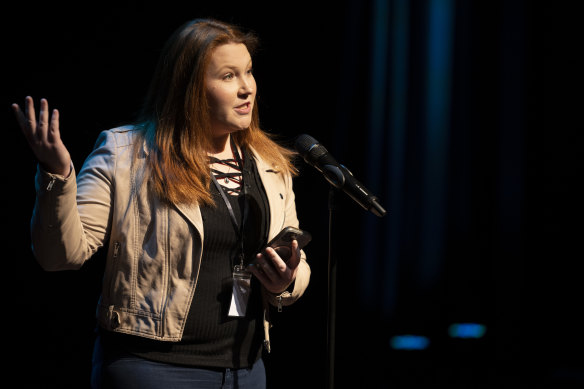 Maddison Newman recites poetry at the Joan Sutherland Performing Arts Centre in Penrith. 