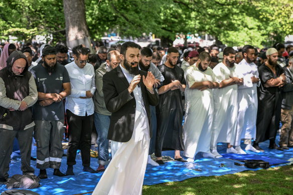 Muslims stand together for Jumm’ah (Friday prayer) in Flagstaff Gardens.
