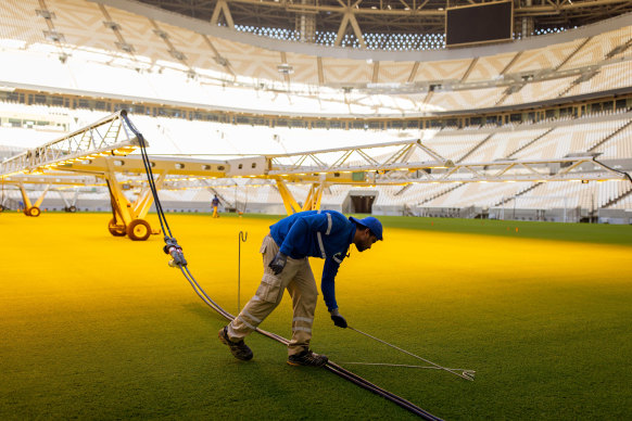 Lusail Stadium, which will host the World Cup final, in June. Qatar has built eight new stadiums with soccer pitches covered in grass flown in from the United States.