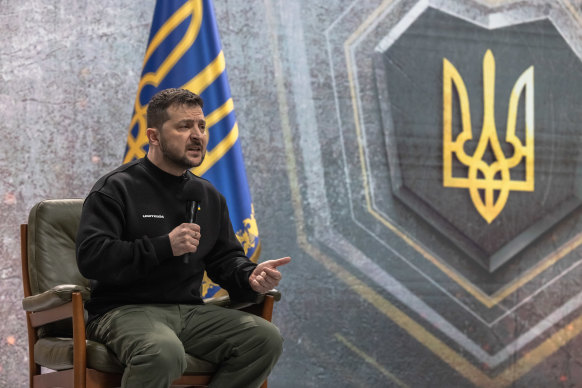 Ukrainian President Volodymyr Zelensky speaks to the media during a press conference in Kyiv.