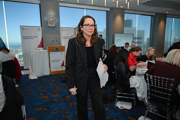 Treasurer Jaclyn Symes addresses the media on Tuesday.