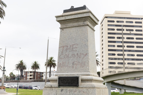 The remnants of a Captain Cook statue in St Kilda.