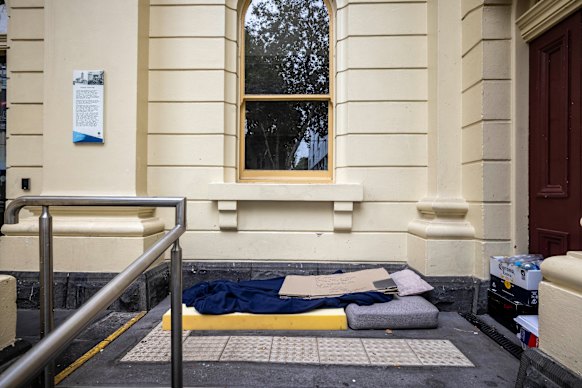 A person’s belongings outside Prahran Town Hall.