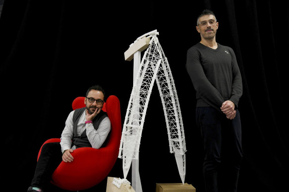 Academics Paolo Stracchi and Luciano Cardellicchio with the 3D erection arch they created to help explain to students how the Opera House was built.