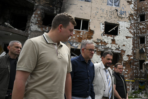 Albanese tours damaged areas on the outskirts of Kyiv in July 2022.