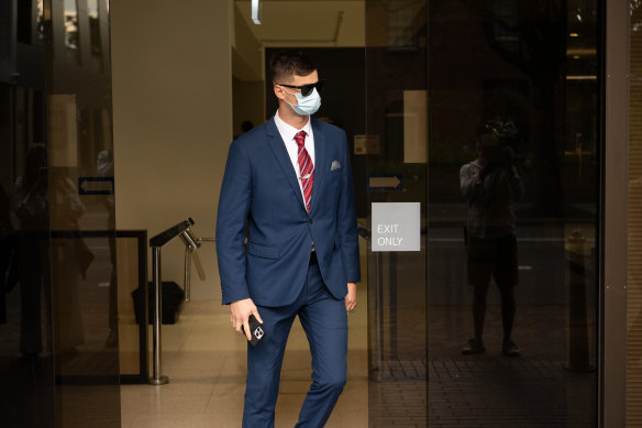 Dominik Sieben leaves Parramatta Local Court after appearing over allegations he performed a Nazi salute at the 2022 Australia Cup soccer final in Sydney. 
