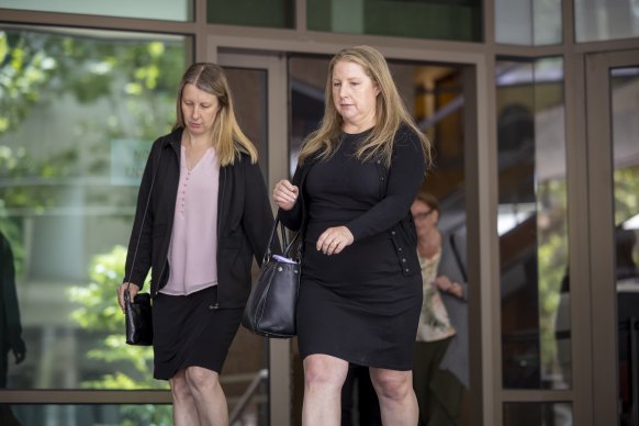 Two of Russell Hill’s daughters, Jenny and Colleen, at Melbourne Magistrates’ Court on Monday.