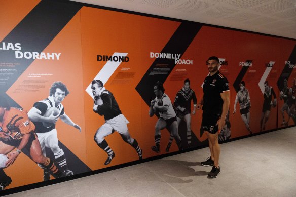 Alex Twal takes a stroll down the club’s walk of fame in the Tigers’ centre of excellence at Concord.