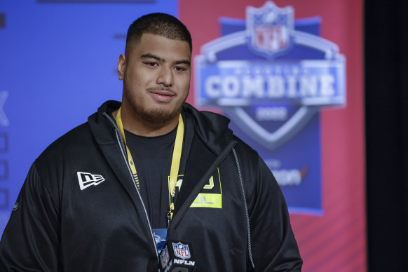 Melbourne-born Baltimore Ravens recruit Daniel Faalele at the NFL Draft Combine in March.