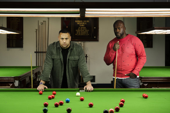 Models Roland Ferris and Toks James in the Billiard room at the NSW Masonic Club. Male models are becoming more size diverse, featuring in campaigns in the lead-up to Father’s Day.