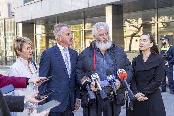 Constable Josh Prestney’s parents Belinda and Andrew, Leading Senior Constable Lynette Taylor’s husband Stuart Schulze, and Senior Constable Kevin King’s partner Sharron Mackenzie outside court after the hearing.