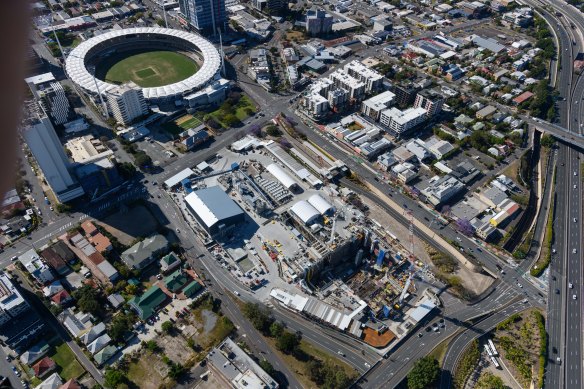 An aerial shot of Woolloongabba showing the site of the Cross River Rail and Brisbane Metro bus projects.