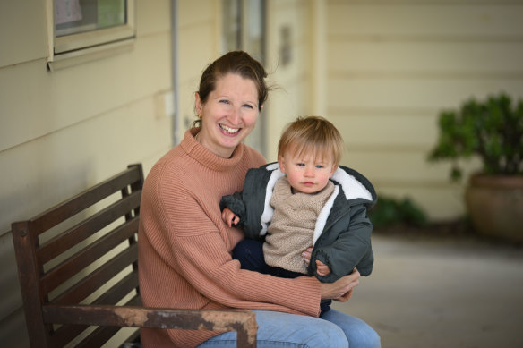 Emma Andrews in Apollo Bay with her 15-month-old son Albert. She wants to return to work an English teacher but has struggled to access childcare.