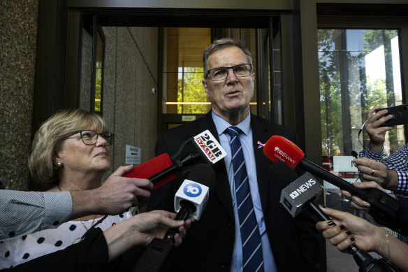 Lynette Dawson’s brother Greg Simms, with wife Merilyn, outside court after the sentence hearing.