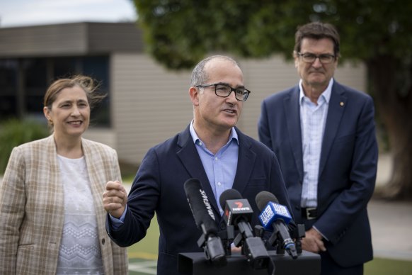 Acting Premier James Merlino with Environment Minister Lily D’Ambrosio and former federal climate change minister Greg Combet.