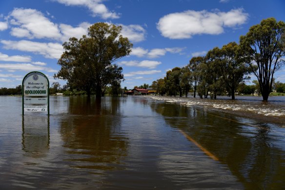 The township of Gooloogong on the Lachlan River, near Nanami and upstream of Forbes, was isolated by floodwaters.