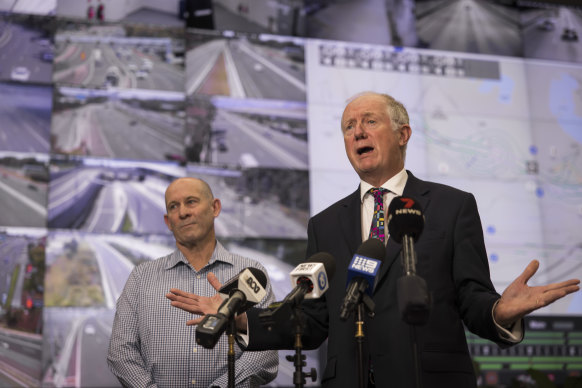 Transport for NSW co-ordinator general Howard Collins (right) and Transurban’s Scott Hodder at the WestConnex control centre at St Peters.