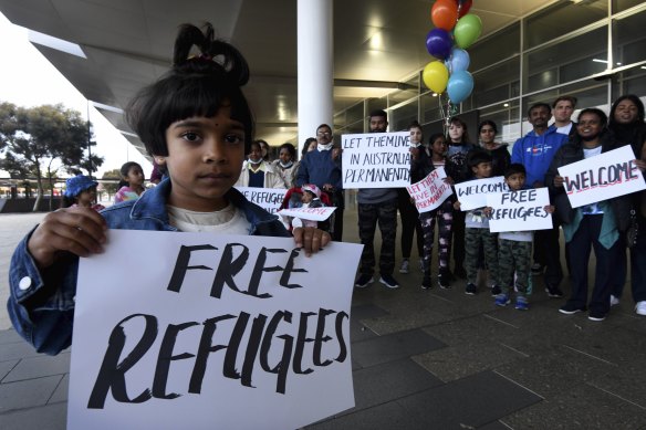 Latasha Jesuthasan, 5, was among the supporters who welcomed the Murugappan family at Perth Airport on Tuesday. 