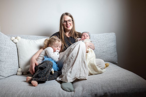 Dominique Adamidis with children Charlie, 3, and Sal, 3 months. 