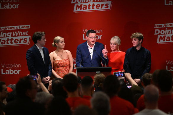 Daniel Andrews and his family celebrate his election victory.