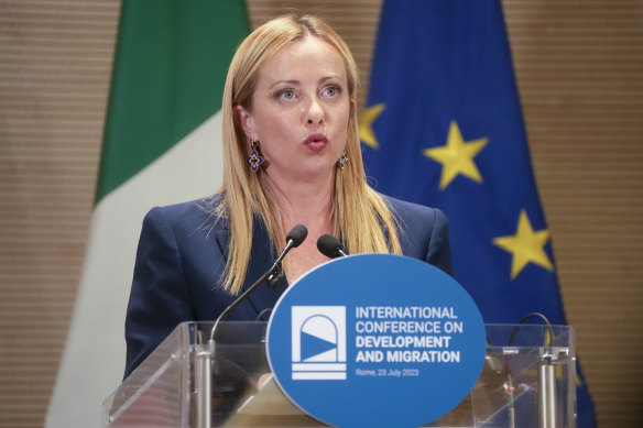 Italian Premier Giorgia Meloni meets the journalists during a press conference at the end of an International conference on migration in Rome.