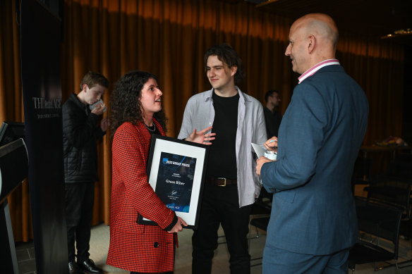 Grace Biber, winner of The Age Essay Prize in the 19-24 age group, with The Age’s deputy editor, Mat Dunckley.