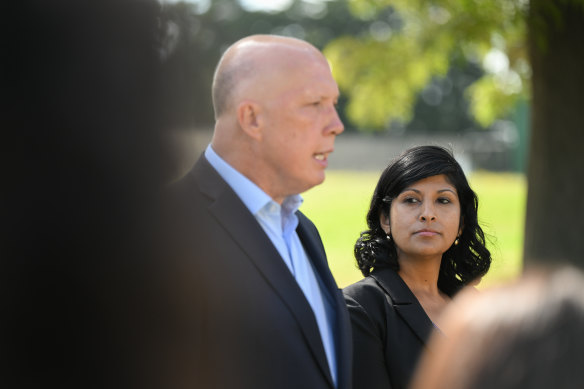 Liberal Aston candidate Roshena Campbell speaking to the media alongside Opposition Leader Peter Dutton last month. 