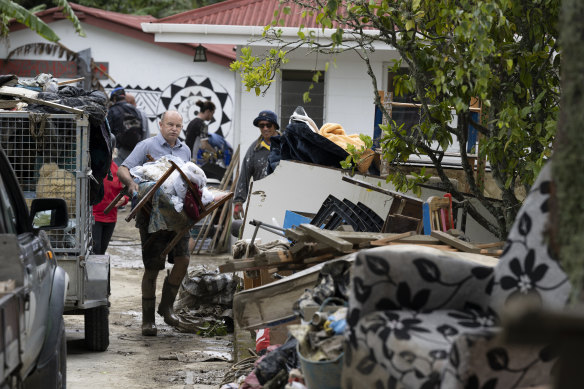 Volunteers helping with the clean up of Cyclone Gabrielle on February 17, 2023 in Gisborne, New Zealand.