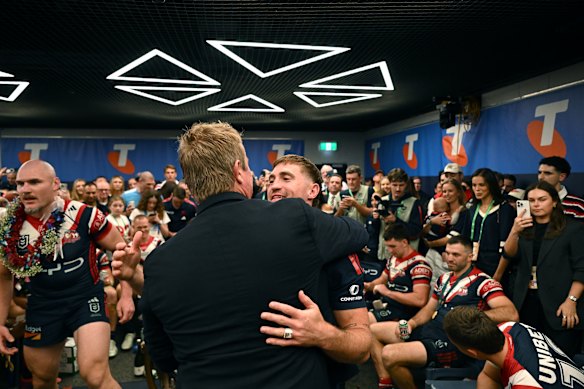 Connor Watson embraces Sydney Roosters’ coach Trent Robinson
