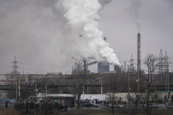 The Azovstal metallurgical plant is seen on the outskirts of the eastern Ukrainian city of Mariupol.