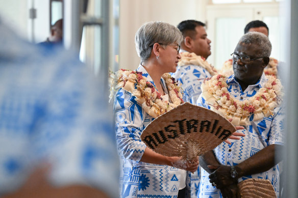 Foreign Affairs Minister Penny Wong with Solomon Island’s Prime Minister Manasseh Sogavare on Tuesday. 