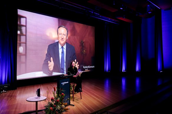 David Cameron speaks with this masthead’s Jacqueline Maley at the McKinnon Prize event in Canberra on Wednesday night. 