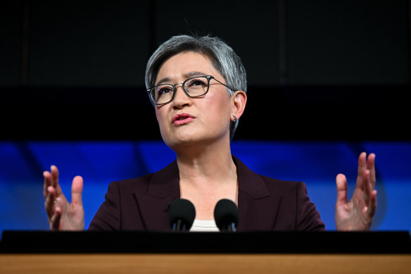 Australian Foreign Affairs Minister Penny Wong addresses the National Press Club in Canberra on Monday.