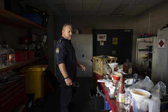 Detective Superintendant Warren Lysaght with a mock drug lab at Orchard Hills in the city’s west, where police and firefighters are trained to search and secure meth houses in rural NSW.