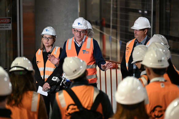 Premier Daniel Andrews addresses the media on Tuesday.