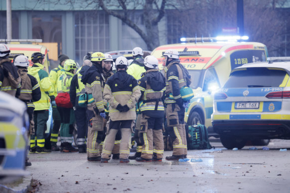 Emergency services at the scene of the shooting at Risbergska School, in Orebro, Sweden.