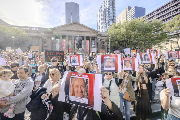 Protesters at last month’s national rally against gender-based violence gather outside the State Library.