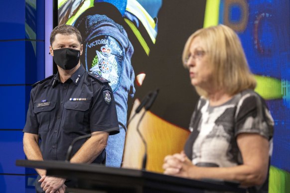 Chief Commissioner Shane Patton and Police Minister Lisa Neville speaking to media on Thursday.