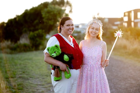 Jess Filby, left, with her best friend, Samantha Phillpott-Moore. The duo are attending multiple screenings of Wicked: For Good together and they’ll be wearing these Fiyero and Glinda costumes.