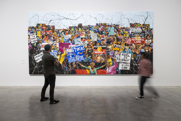 Bell’s works, including this one, From Little Things, Big Things Grow (2020), frequently engage with protest movements from around the globe.