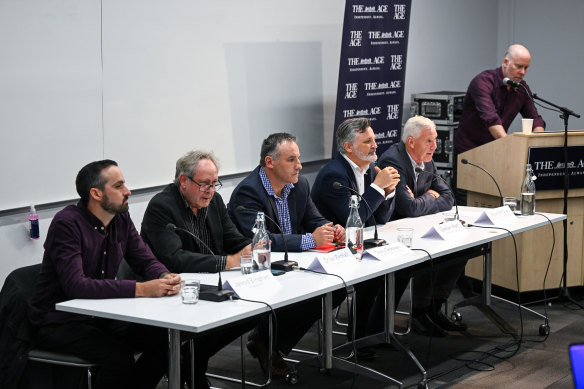 Candidates for Melton: independent Jarrod Bingham, independent Dr Ian Birchall, Freedom Party’s Tony Dobran, Graham Watt of the Liberal Party and current Labor MP Steve McGhie at The Age candidates forum this month.