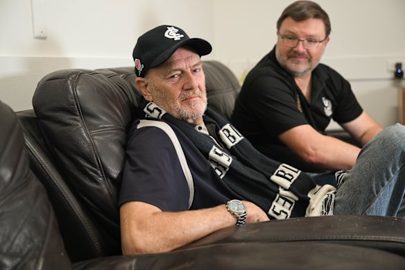 Geoff Pratt (left) and David Enticott bonded over football, but Pratt, 66, can’t afford to pay to watch Saturday games.