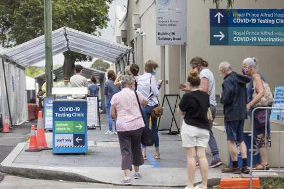 A COVID-19 testing queue at RPA Hospital in Sydney earlier this month. 