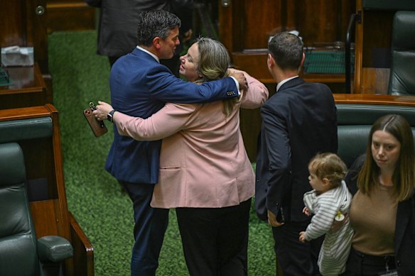 Opposition Leader Brad Battin, hugging Labor’s Emma Vulin after the vote passed, said his views about assisted dying were changed by personal experience. 