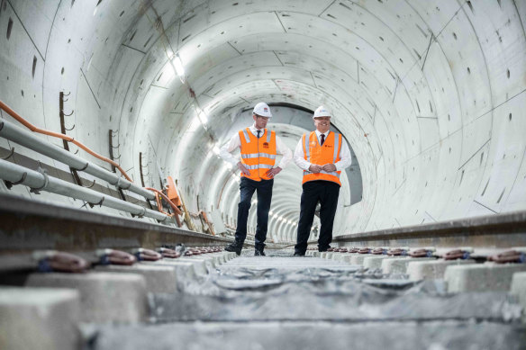 Premier Dominic Perrottet and Transport Minister David Elliott tour the City and Southwest tunnels in February.