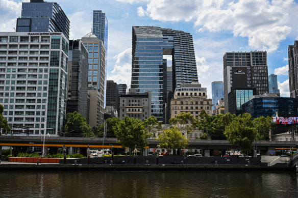 Collins Arch, also known as the “pantscraper”, as seen from the Yarra River.