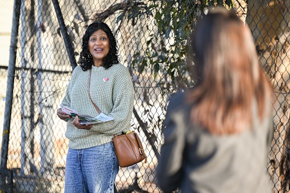 Greens candidate Samantha Ratnam on the campaign trail.