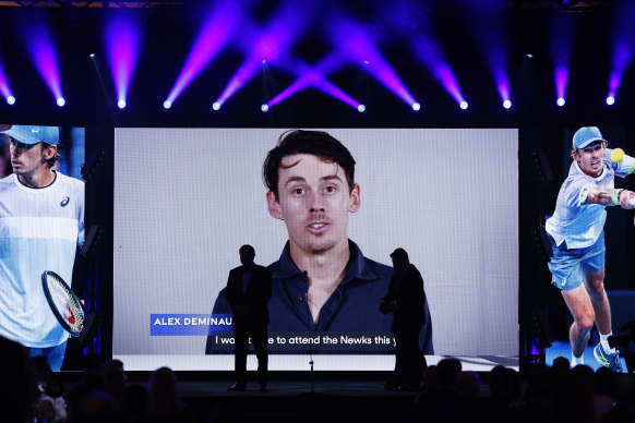 Alex de Minaur delivers his acceptance speech via the big screen after winning his second Newcombe Medal.