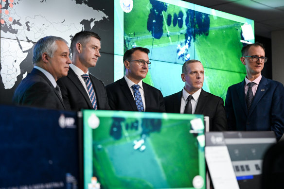 The Five Eyes law enforcement group in Melbourne. Left to right: Mike Duheme, commissioner of the Royal Canadian Mounted Police; Andrew Coster, New Zealand Police commissioner; Australian Federal Police Commissioner Reece Kershaw; FBI deputy director Paul Abbate; and, Graeme Biggar, director general of the UK National Crime Agency. 