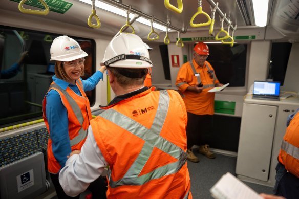 Transport Minister Jo Haylen takes a driverless train under Sydney Harbour on Wednesday.